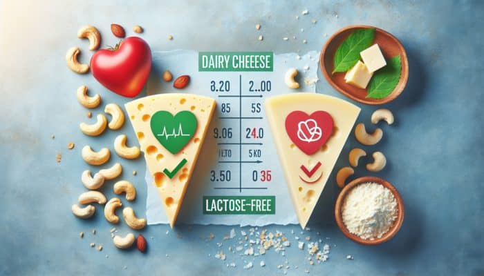Chart comparing the nutritional values of vegan cashew cheese and dairy cheese, highlighting lower saturated fat and cholesterol in the vegan option.