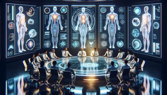 Diverse experts discussing partnership strategies with holographic human vascular system displays in a futuristic conference room.