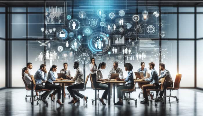 A diverse team editing notes digitally with virtual assistants and real-time updates in a modern office.