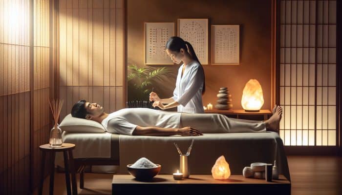 A serene acupuncture session with a patient reclining as needles are inserted for migraine relief and health enhancement.