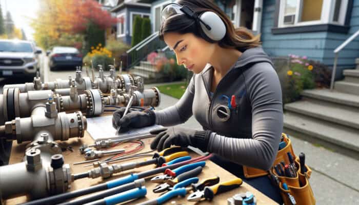 A technician in Kitsilano maintaining natural gas lines with tools in a clear, organised setting under varying weather.
