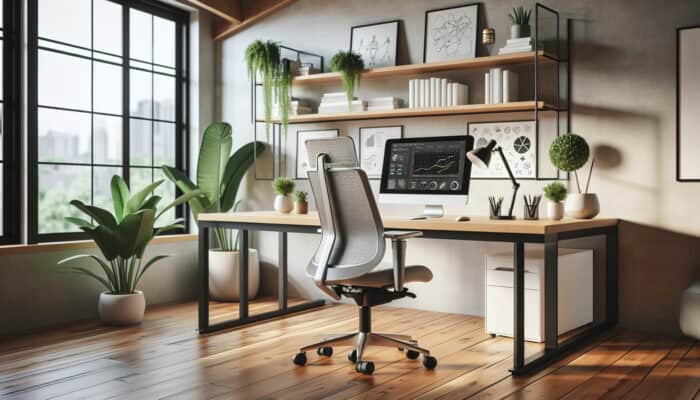 A well-designed home office featuring an adjustable chair, desk, and monitor at eye level, surrounded by greenery.