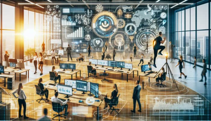 Remote virtual assistants in a modern tech firm participating in fitness challenges and wellness check-ins via video calls, showcasing improved job satisfaction and reduced stress.