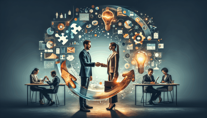 Illustration of client and agency professionals collaborating on a project in a modern office, surrounded by symbols of communication, trust, and creativity.