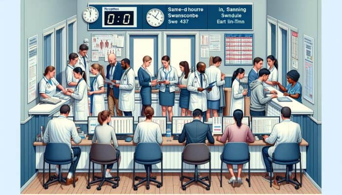 Busy Swanscombe clinic reception where patients are discussing urgent same-day liver test appointments, while staff members are scheduling on computers during early morning hours.