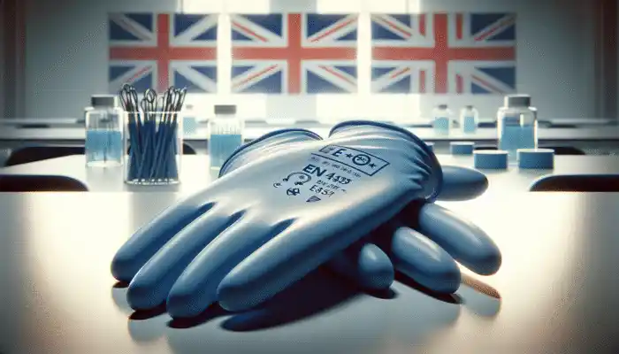 Blue nitrile gloves placed on a sterile lab table, with EN455 and EN374 certification stamps, alongside the Union Jack and EU symbols in the background.