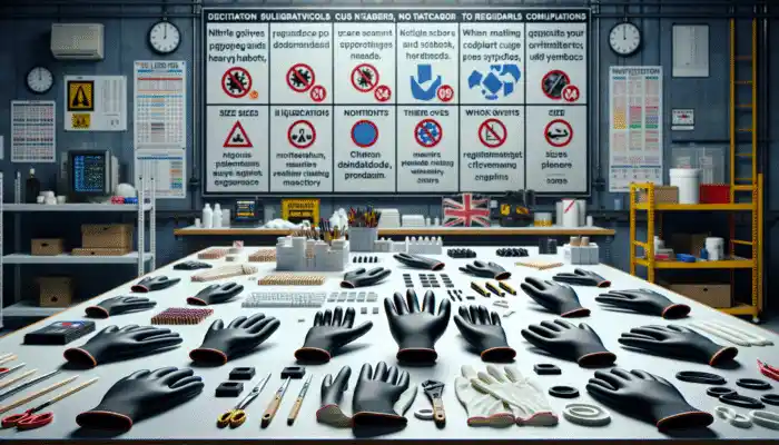 Nitrile gloves displayed on a UK industrial workbench: thick gloves for heavy-duty protection, thin gloves for precision tasks, labelled with sizes and compliance stickers.