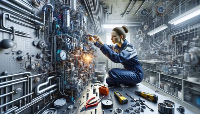 A technician in safety gear meticulously cleans and inspects a modern boiler in a well-lit basement, utilizing tools to check for leaks and ensure longevity.