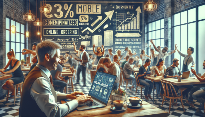 Web Development in Bridgwater for Small Businesses: Business owner in a vibrant Bridgwater café examines a mobile-friendly website on a laptop, showing online ordering and rising sales graphs, with happy customers engaging.