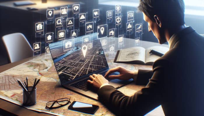 Person using laptop to browse UK rental listings, surrounded by maps and notes, showcasing city and suburban properties.