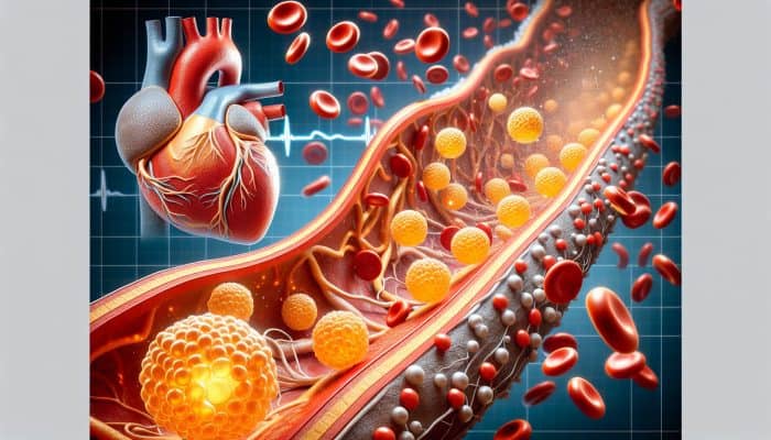 Understanding LDL, HDL and Triglycerides: Illustration of golden LDL cholesterol orbs forming plaque in a clogged artery, blocking blood flow to the heart, with a healthy artery comparison and NHS emblem.