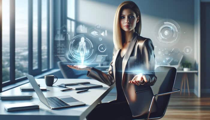 A confident woman at a home office desk with laptops, charts, coffee mug, and floating holographic success graphs for her virtual assistant career.
