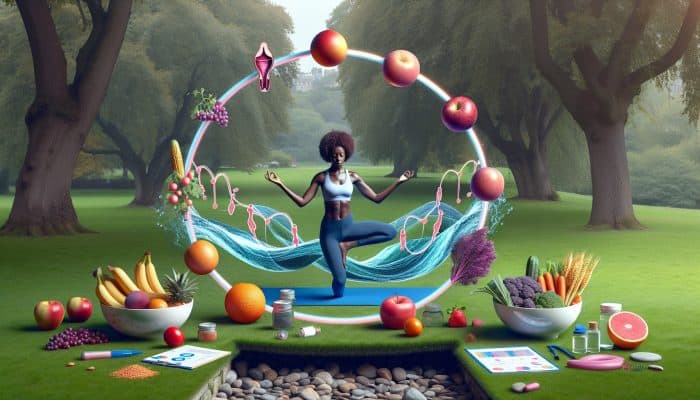 A diverse woman practising yoga in a serene UK park, surrounded by fresh fruits, vegetables, and wave symbols for hormonal health.