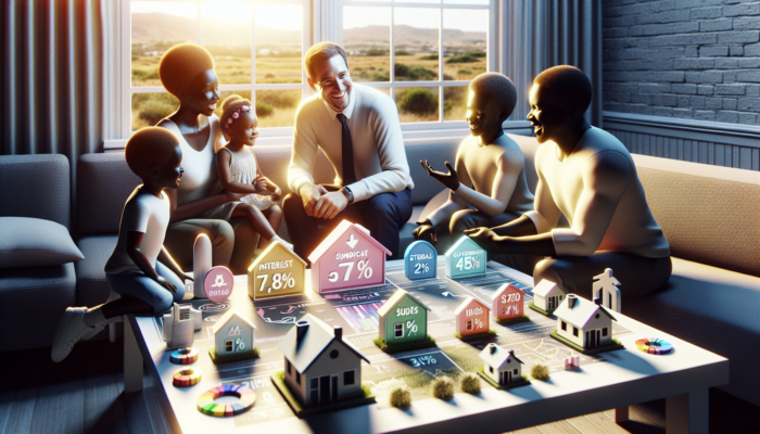 In Vryheid, a diverse middle-income family discusses mortgage options with a smiling advisor, surrounded by house models, interest graphs, and subsidy certificates.