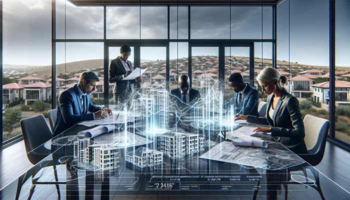 Investors in a modern Vryheid office examining property blueprints and market charts, with mid-level homes visible through sunlit windows.