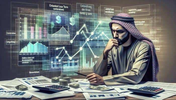 A stressed person in the UK surrounded by financial documents, contemplating debt consolidation risks with graphs showing loan terms and credit scores.