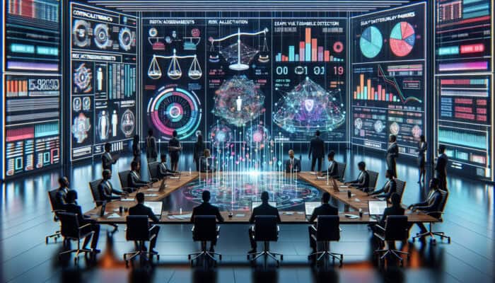 Professionals in a boardroom analyzing holographic contracts and risk charts on digital screens, with scales and networks symbolizing risk allocation for virtual assistants.