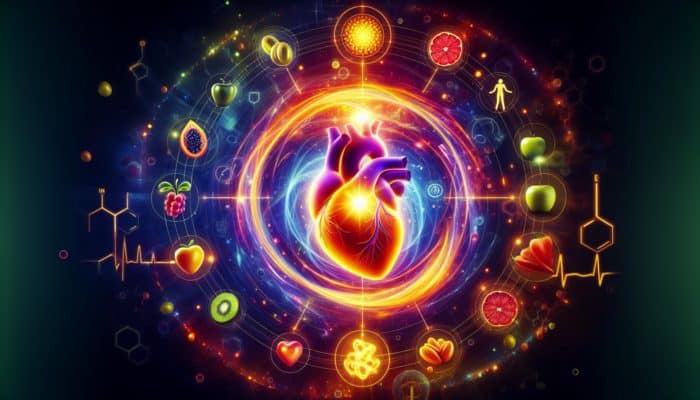 A radiant heart shielded by swirling vitamins C and E, neutralising dark free radicals amidst symbols of fruits and exercise for cardiovascular protection.