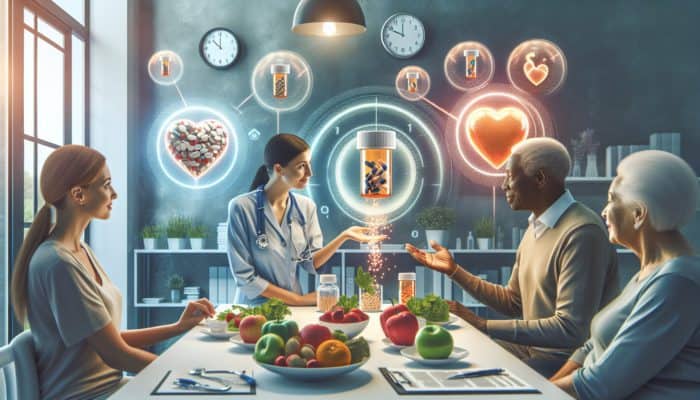 Doctor consulting with patients in a modern clinic about heart supplements, featuring labelled pill bottles, timing clocks, fresh meals, and glowing heart icons.