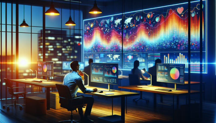 In a bustling UK office at dusk, an analyst reviews a vibrant Google Analytics dashboard displaying charts of consumer trends and product popularity.