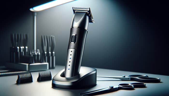 A modern edge detailing trimmer with stainless steel blades, ergonomic handle, adjustable guards, and LED indicators on a grooming station.