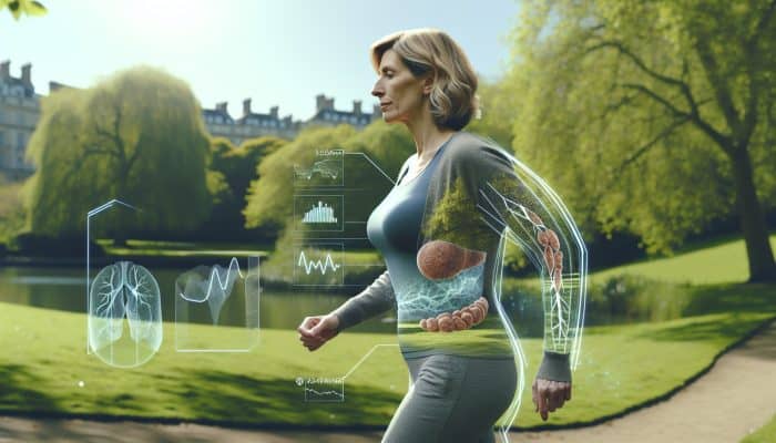 A middle-aged British woman in perimenopause, showing weight gain and muscle loss in a serene UK park, symbolising resilience and health awareness.