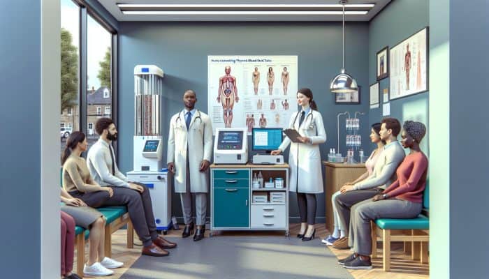 A cosy clinic in Potters Bar where friendly staff assist diverse patients with personalised thyroid tests, emphasising convenience and modern equipment.