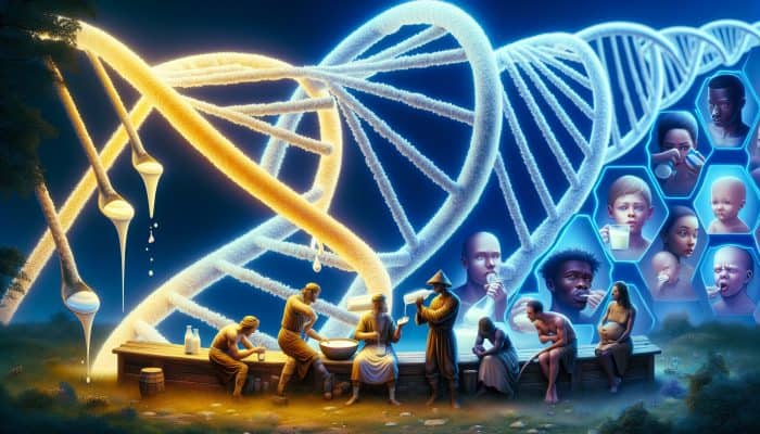 Glowing DNA helix entwined with ancient Northern European farmers milking cows, contrasted by diverse modern people reacting to dairy.