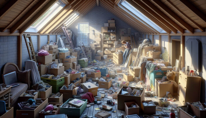 In a cluttered UK attic, a homeowner sorts items into labeled boxes for keepsakes and discards under soft daylight from small windows.