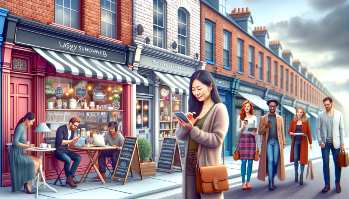 UK high street scene: small business owners in a London café and boutique shop, using smartphones and laptops for social media marketing under a cloudy sky.