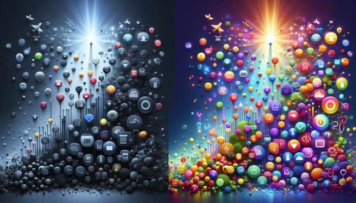 Illustration demonstrating SEO's influence: a dimly lit underperforming product page with low traffic icons versus a vibrant one showcasing rising graphs and sales symbols.