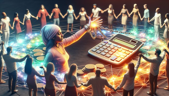 A relieved person breaks free from tangled debt chains, with a glowing calculator showing lower payments, and a vibrant peer-to-peer lending network.