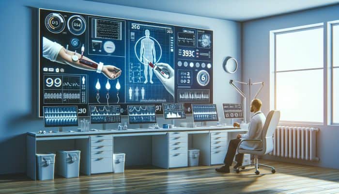 Diabetes Blood Test in Barnsley: Doctor in a modern NHS clinic draws blood for an HbA1c test from a patient, with monitors showing fasting plasma glucose results and a glucose tolerance setup nearby.