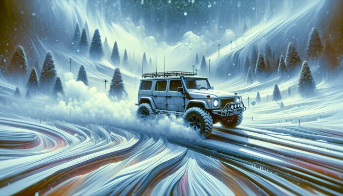 A robust SUV with snow tires and an efficient heating system driving safely through icy, snowy roads.