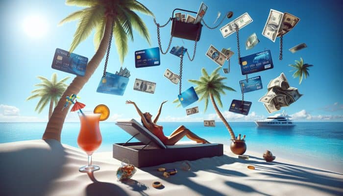 Strategies for Managing Vacation Debt: Effective Tips for UK Residents | DCL Strategies for Managing Vacation Debt: Happy traveler enjoying a tropical beach with palm trees and cocktails, while oversized credit card bills and debt chains float in the sky.