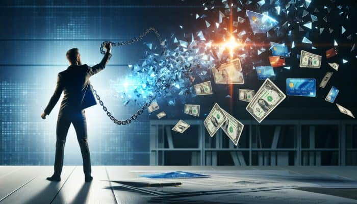 Strategies for Managing Vacation Debt: Effective Tips for UK Residents | DCL A determined professional in a contemporary office breaking credit card chains, holding a loan document, and showcasing an upward-trending graph of debt consolidation advantages.