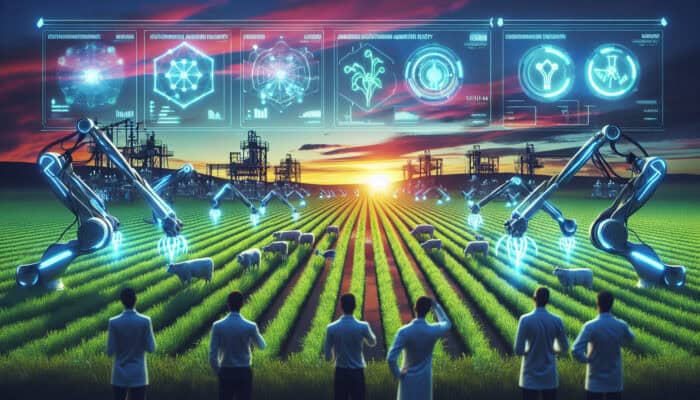 Robotic arms dispensing nutrients to livestock in a high-tech farm, with holographic AR interfaces, engineers monitoring, and a dawn sky over green fields.