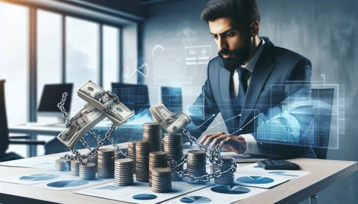 A financial expert in a modern office analyses charts of small and large debts, with breaking chains on coins symbolising consolidation options.