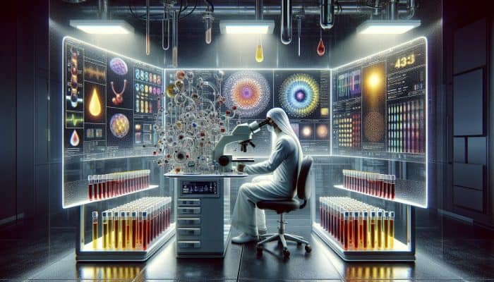 A scientist in a white coat examines a blood sample under a microscope, with screens showing vitamin D graphs and glowing test tubes.