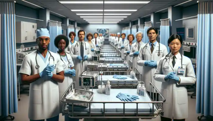 Latex Gloves for Clinical Procedures: Busy 1980s NHS hospital ward with doctors and nurses in latex gloves, using sterile equipment for infection control.