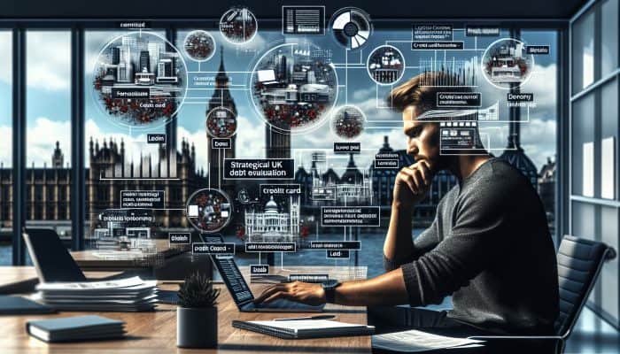 Simple Ways to Prepare for a Debt Consolidation Loan | DCL A determined person in a modern London office calculates debts on a laptop, surrounded by financial documents and Big Ben view.