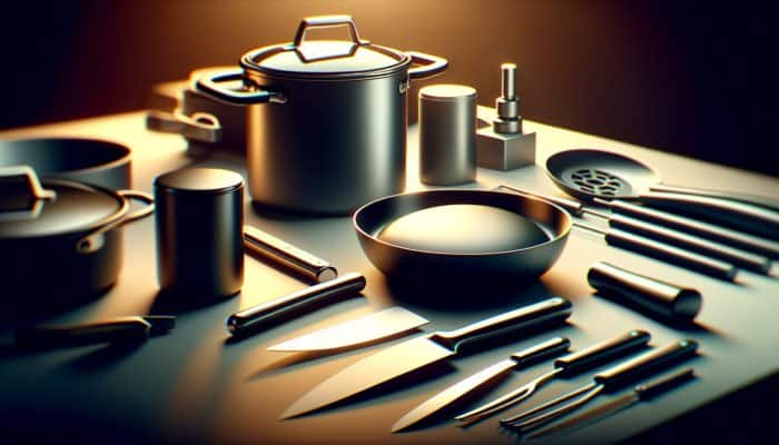 A kitchen counter displays essential cooking tools: a sharp chef's knife, non-stick skillet, and durable pot in warm light.