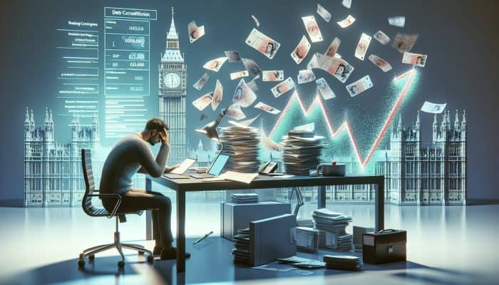 Debt Consolidation Loan Stacking Techniques: Expert Guide | DCL Debt Consolidation Loan Stacking Techniques: Stressed individual at a modern desk sorting chaotic bills into a single loan document, with British pounds, credit score chart, and Big Ben in the background.