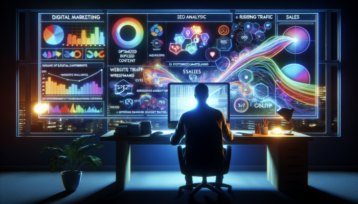 A digital marketer in Bridgwater examines local keywords on a bright screen, surrounded by SEO charts and rising traffic graphs.