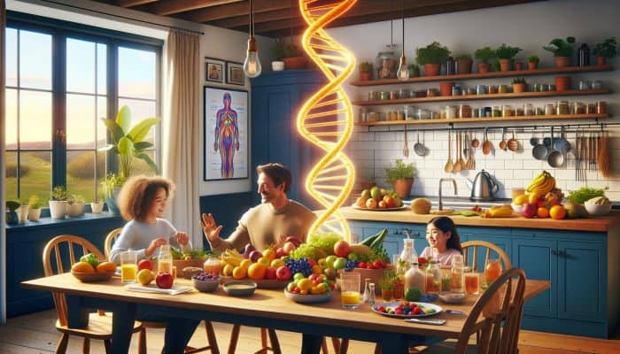Why Is My Cholesterol High Even If I Eat Healthy: A diverse family in a sunny UK kitchen enjoys a Mediterranean meal of fruits, vegetables, and grains, with a glowing DNA helix symbolizing genetic cholesterol influences.