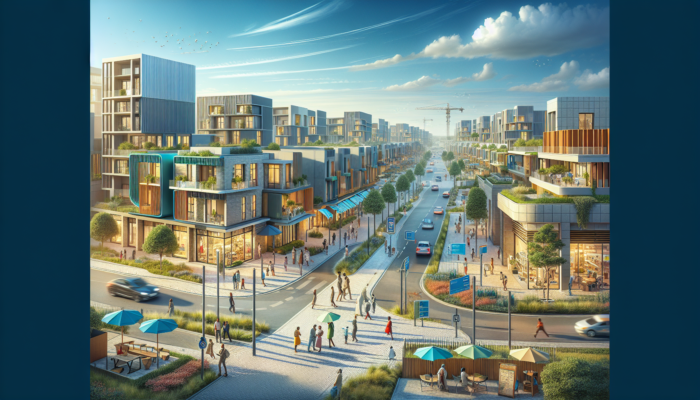 A vibrant Mthatha neighbourhood with modern homes, a new school, bustling shopping centre, and ongoing projects, as buyers inspect properties under a clear sky.