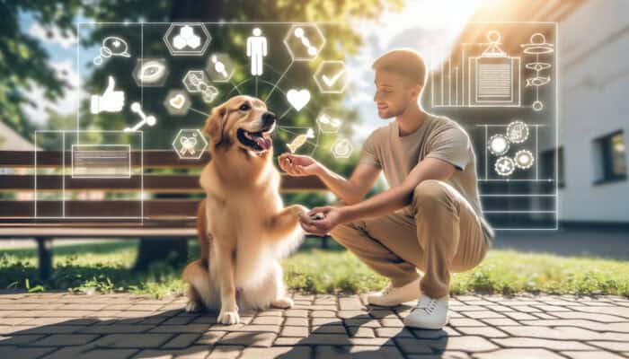 A cheerful owner in a sunny park rewards a sitting golden retriever with a treat while gently guiding its paw down.