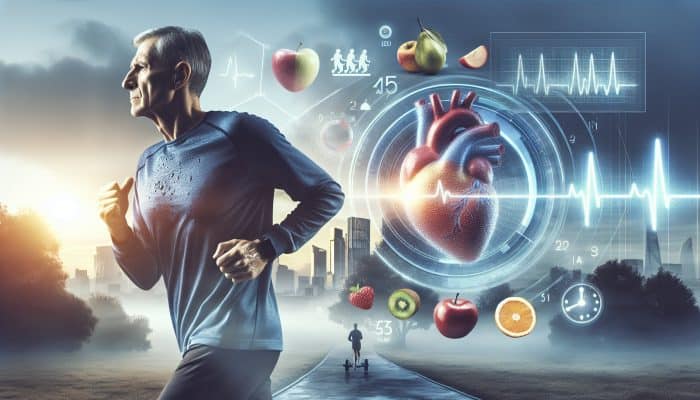 Men’s Heart Health with Age: An older British man in his 50s jogging in a misty London park at dawn, sweat on his face, surrounded by fruits, a heartbeat graphic, and exercise equipment.