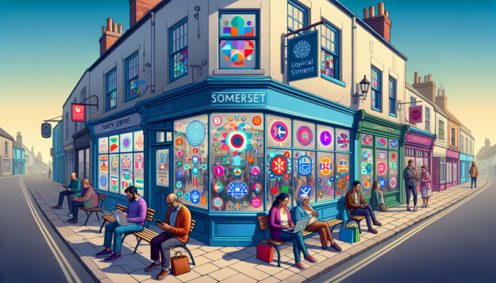 A bustling high street in Frome with shops displaying colourful promotions, a business owner posting on Facebook, and residents checking phones for community updates.