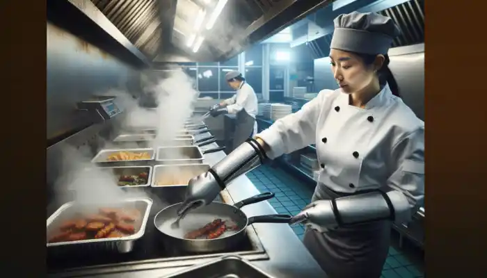 Chef in bustling British kitchen handles hot trays and pots with Kevlar gloves amid rising steam and sizzling pans.